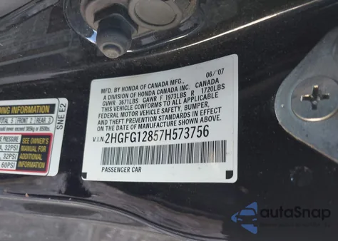 2007 Honda Civic Ex z USA, uszkodzony, nr VIN 2HGFG12857H573756